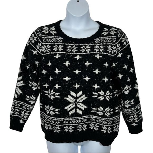 Barefoot Dreams CozyChic Seaside Pullover Black Fair Isle Crew Neck Size Large - Picture 4 of 13
